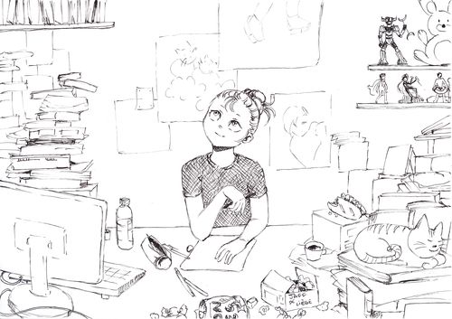 Au centre de l'illustration en noir et blanc, Chidori s'est représentée dans son atelier. Dans le fond, un mur avec des posters au centre, à droite, des figurines, on reconnait un Goldorak, un Naruto et un des nageurs de la série Free. Sur la gauche, des piles de livres et en hauteur une bibliothèque de mangas. DEvant elle sur la gauche son ordinateur, elle travaille sur un dessin et est entourée de crayons. Sur la droite, un chat dort sur une pile de livre, on voit une tasse à café et une boite de chocolats.