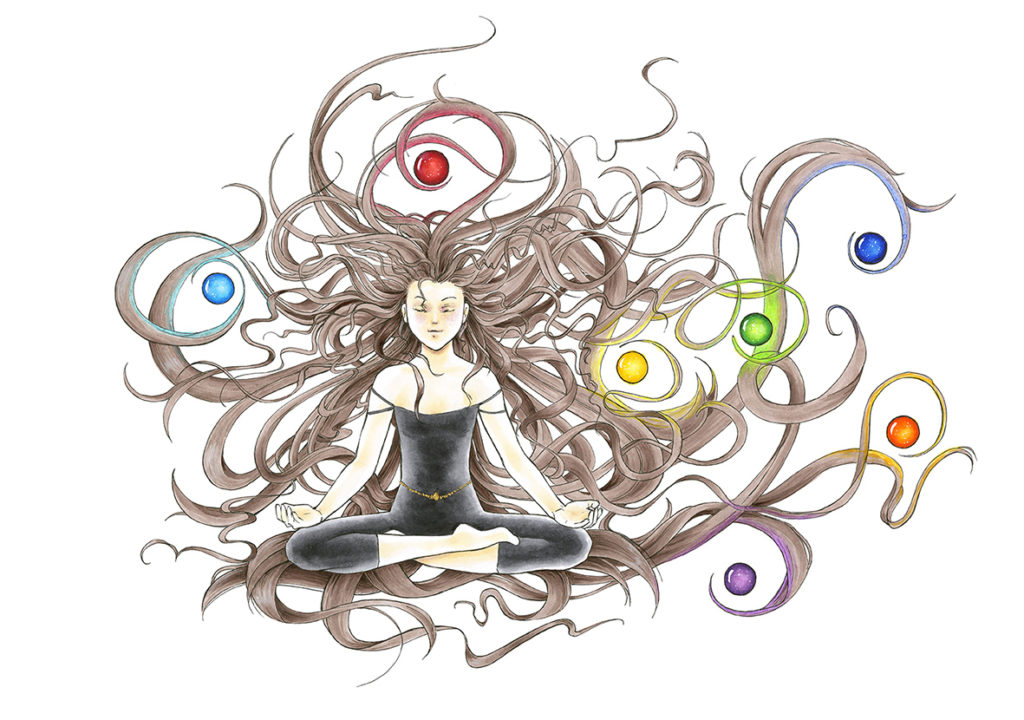 Sentiment de plénitude, de bien-être et d'harmonie, représenté par une jeune femme en position du lotus, les yeux fermés, qui médite, sereine, ses très longs cheveux châtains qui dessinent des arabesques autour d'elle et englobent 7 boules de cristal colorées. Chaque boule est d'une couleur différente représentant un chakra différent. Yoga, énergie positive, puissance de l'esprit. 