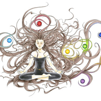Sentiment de plénitude, de bien-être et d'harmonie, représenté par une jeune femme en position du lotus, les yeux fermés, qui médite, sereine, ses très longs cheveux châtains qui dessinent des arabesques autour d'elle et englobent 7 boules de cristal colorées. Chaque boule est d'une couleur différente représentant un chakra différent. Yoga, énergie positive, puissance de l'esprit.