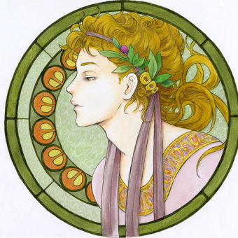 Dans un médaillon dans des tons vert, rond au motif art déco, profil d'un jeune homme blond vénitien avec un bandeau parme avec quelques feuilles. Il porte un haut parme avec un col à motifs dorés.