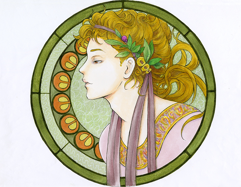 Dans un médaillon dans des tons vert, rond au motif art déco, profil d'un jeune homme blond vénitien avec un bandeau parme avec quelques feuilles. Il porte un haut parme avec un col à motifs dorés.