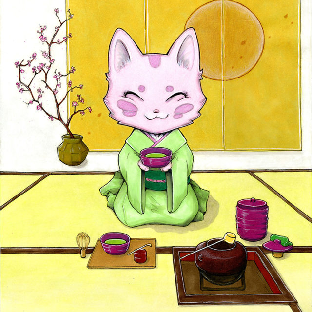 Scène de cérémonie du thé traditionnelle. Le personnage est une chate, elle porte un kimono vert. Au fond, un paravent jaune et une branche de cerisier en fleur. Le sol est en tatami jaune paille. Le chat est assis par terre et tien un bol de macha. Devant elle, tout le nécessaire pour la cérémonie du thé. Bol, fouet, pot à thé, cuillère à thé.