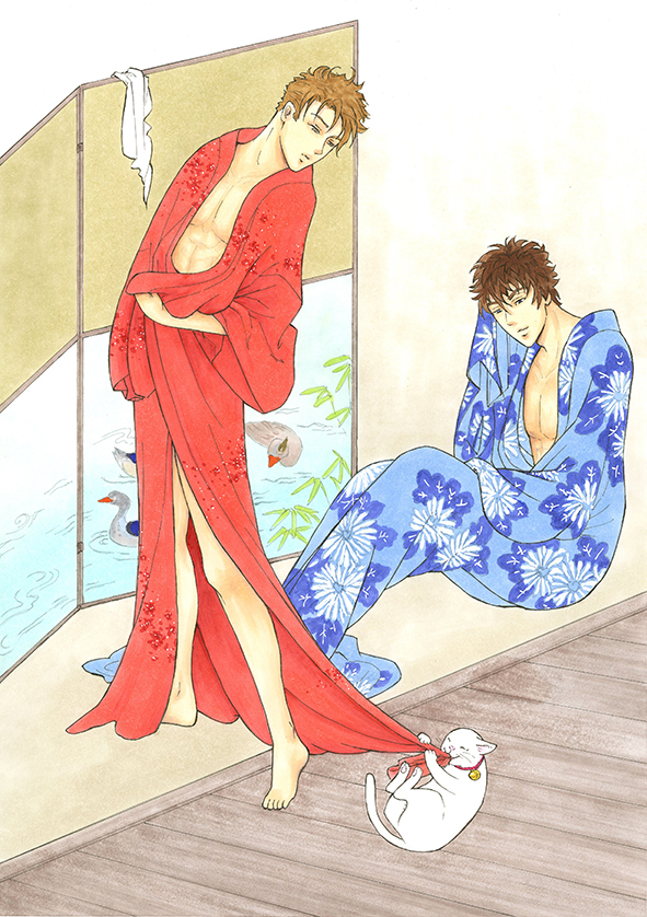 Illustration à la façon d'une estampe japonaise. DEux personnages masculins, en kimono légers devant un paravent sur lequel se déroule une scène avec des canards nageant sur un étang. L'un des personnage est assis par terre, son kimono est bleu orné de grosses fleurs blanches et bleues. L'autre personnage debout porte un kimono rouge, un chat blanc portant une clochette autour du cou joue dans le pan de son kimono.