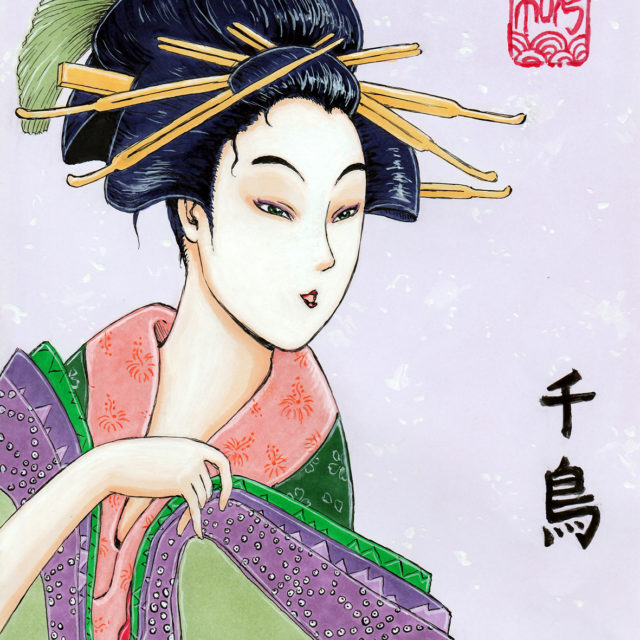 Illustration couleur au feutre à alcool à la façon des estampe d'Utamaro. Personnage de geisha retravaillé de manière un peu plus manga. Sceau et signature Chidori en kanji.