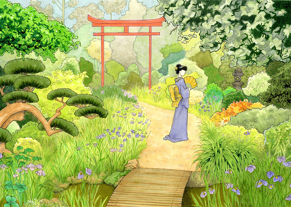 Illustration couleur aux feutres à alcool, d'après une photographie en noir et blanc d'une vue du jardin Albert Kahn. Ajout également d'un personnage de Japonaise sur le chemin, peut-être une geisha. Un tori rouge dans le fond du jardin, des iris en premier plan. Arbres nuages et lampion de pierre.