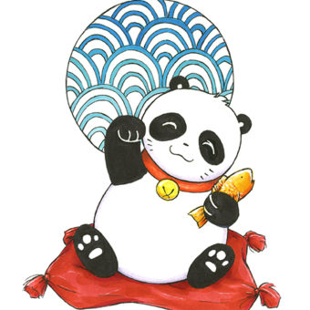 Le Maneki panda, un mignon panda prenant la pose d'un manékineko. Il a un grelot autour du cou et un poisson dans la mains. Le poisson est un taiyaki, une crèpe japonaise fourrée au haricot rouge. Il est installé sur un coussin carré rouge à pompons. Dans le fond, un cercle décoratif avec des vagues bleues.