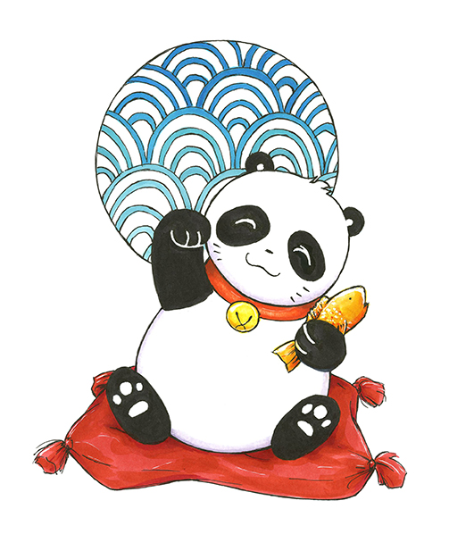 Le Maneki panda, un mignon panda prenant la pose d'un manékineko. Il a un grelot autour du cou et un poisson dans la mains. Le poisson est un taiyaki, une crèpe japonaise fourrée au haricot rouge. Il est installé sur un coussin carré rouge à pompons. Dans le fond, un cercle décoratif avec des vagues bleues.