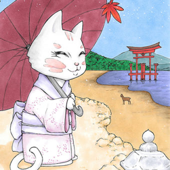 Vue inspirée d'une visite sur l'île de Miyajima. Au premier plan, on voit une chat habillé en kimono rose clair portant une ombrelle rouge sur une plage. Une lanterne en pierre est posée à côté de lui et des feuilles d'érable d'un rouge automnale tombent. En arrière plan, on voir une colline verdoyante et le tori flottant dans la mer.