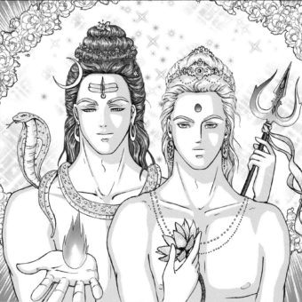 Représentation personnelle des dieux hindous Shiva et Parvati. Parvati a été transformé en homme. Les deux dieux ont des allures de bishonen torse nu, à la japonaise. Shiva est représenté avec ses attributs. Il a un cobra autour du cou, une flamme au creux de la main droite, une lune dans sa coiffure, son trident à la main. Parvati tient une fleur de lotus dans sa main droite et se trouve à la gauche de Shiva. Sur le fond, un cercle de fleur les entoure, des scintillement au centre derrière les deux personnages.