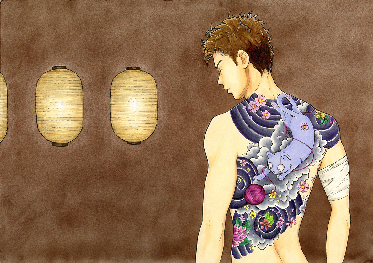 Un jeune homme chatain, dont on voit le le dos tatoué. Dans des tons indigos et parmes avec des touches de rose fushia. Un chaton joue avec une pelote de laine sur un nuage gris clair. Le reste du tatouage représente des formes géométriques circulaires, des fleurs de lotus et des sakura roses et jaunes sont parsemées sur le dos du yakuza. Le personnage se situe dans la partie droite de l'illustration. Le fond à l'aérographe est dans des tons marrons et légèrement texturé. 3 lampions sont allumés sur le côté gauche de l'image.
